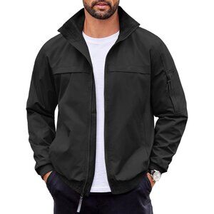 Men's Black Bomber Jackets Coat Lightweight Stand Collar Softshell Zip Up Pocket